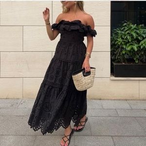Zara off shoulder black embroidered dress maxi midi XS S